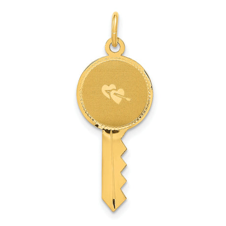14k Yellow Gold Key Pendant with Two Hearts and Arrow, Romantic Love Charm