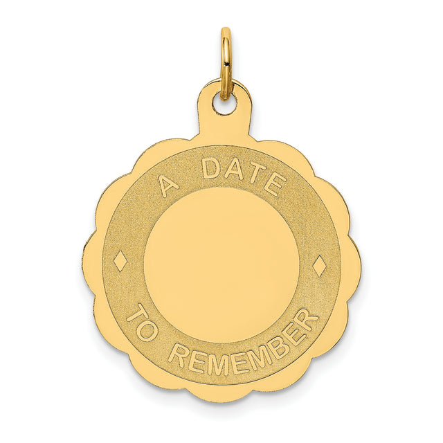 14k Yellow Gold Pendant with Scalloped Edges, Custom Engravable Date Design for Women or Unisex