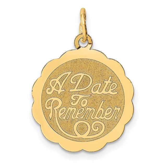 14k Yellow Gold Pendant, Scalloped Round Design with A Date to Remember Engraving