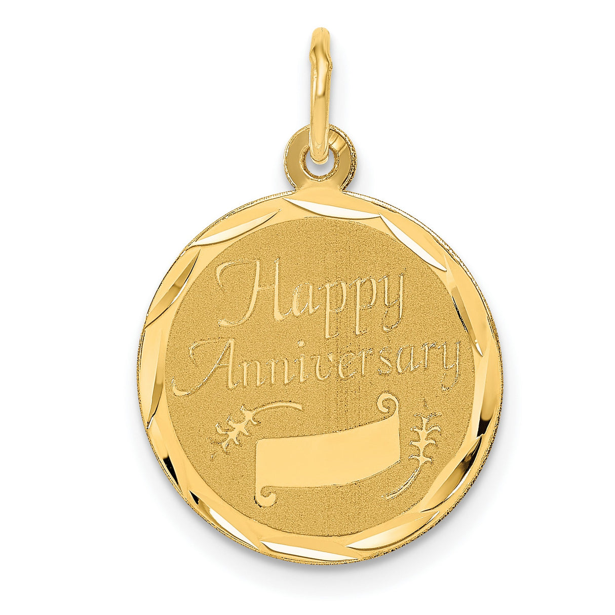 14k Yellow Gold Round Pendant with Floral Engraving and Happy Anniversary Message