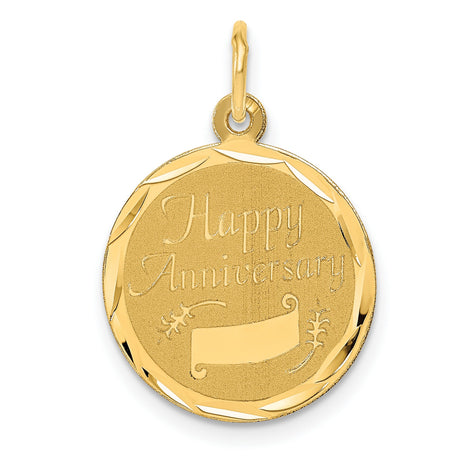 14k Yellow Gold Round Pendant with Floral Engraving and Happy Anniversary Message