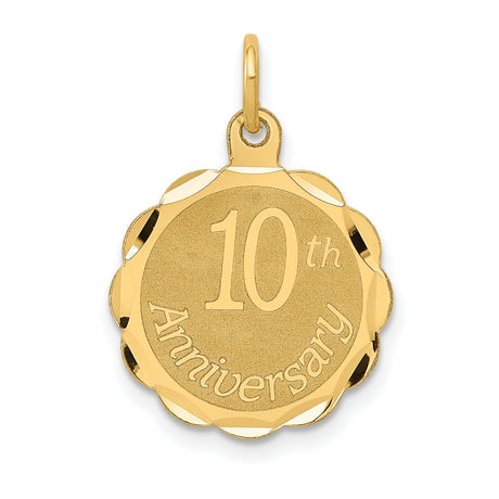 14k Yellow Gold Pendant with Scalloped Edge, 10th Anniversary Milestone Charm for Women