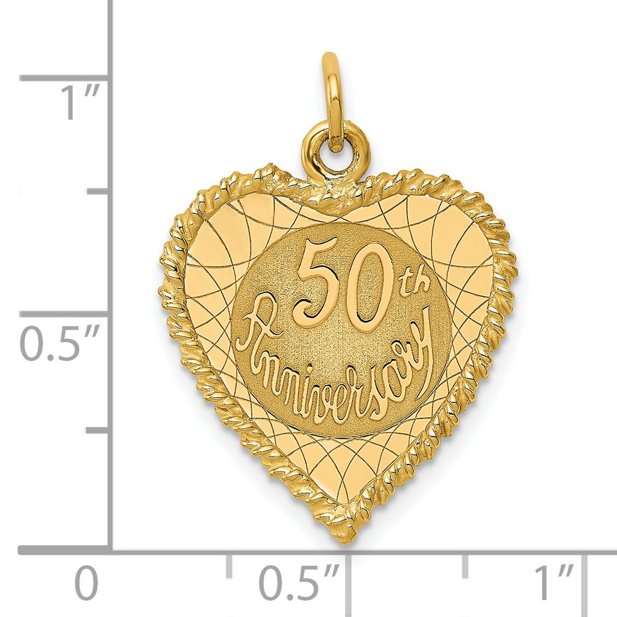 14k Yellow Gold Heart Pendant with 50th Anniversary Engraving and Textured Border