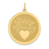 14k Yellow Gold Round Pendant with Heart Symbol and Happy Anniversary Engraving