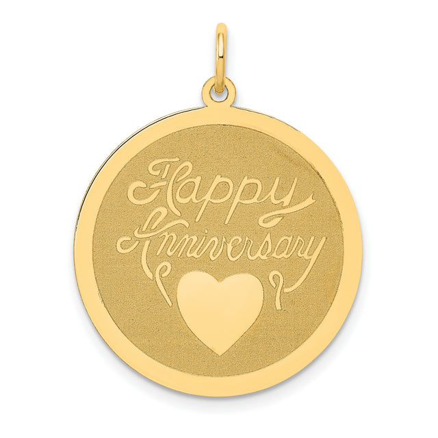 14k Yellow Gold Round Pendant with Heart Symbol and Happy Anniversary Engraving