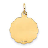 Its A Boy Words And Baby In Blanket On Round Scalloped Edge Disc Charm Pendant in Real 14k Yellow Gold