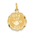 Its A Boy Words And Baby In Blanket On Round Scalloped Edge Disc Charm Pendant in Real 14k Yellow Gold