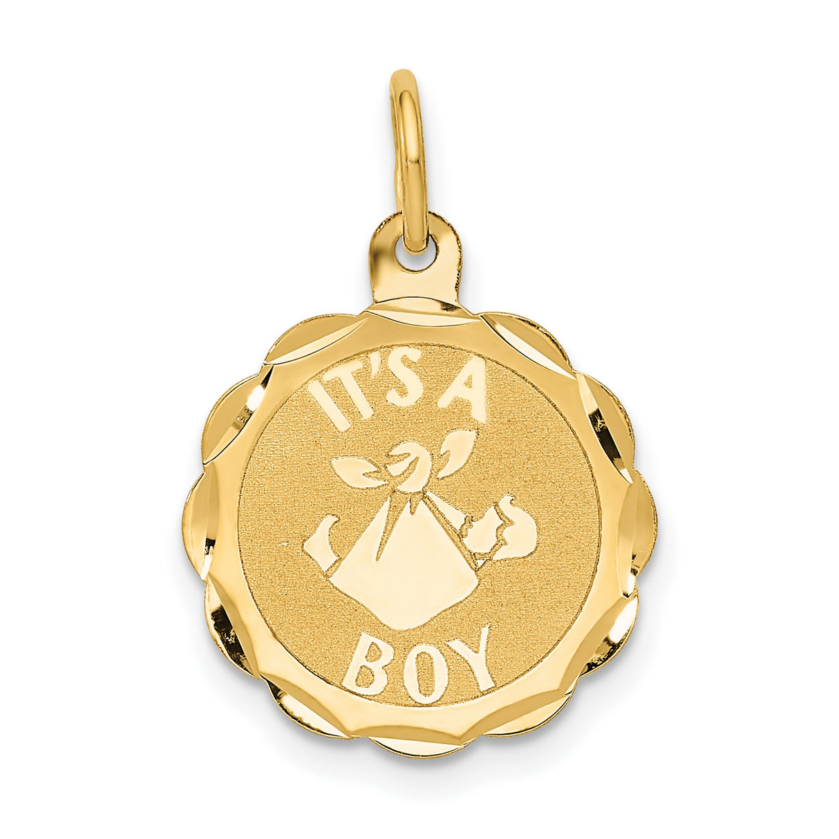 Its A Boy Words And Baby In Blanket On Round Scalloped Edge Disc Charm Pendant in Real 14k Yellow Gold