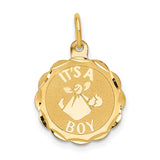 Its A Boy Words And Baby In Blanket On Round Scalloped Edge Disc Charm Pendant in Real 14k Yellow Gold