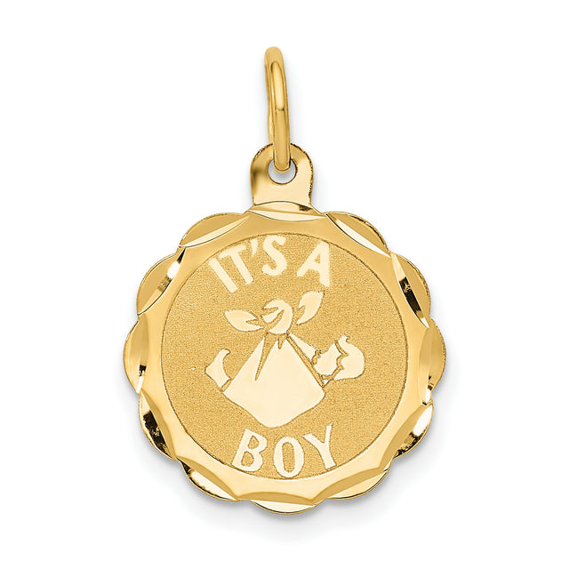 Its A Boy Words And Baby In Blanket On Round Scalloped Edge Disc Charm Pendant in Real 14k Yellow Gold