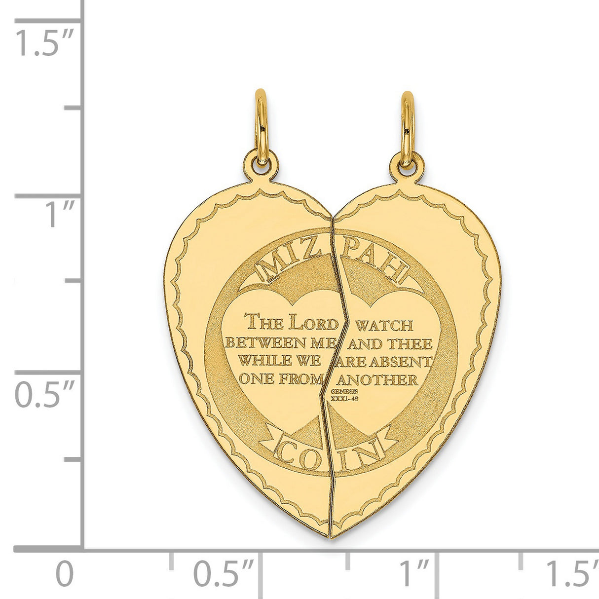 Break Apart Mizpah Coin Emotional Bond Words Genesis 31:49 on Heart Shaped Charm Pendant in Real 14k Yellow Gold