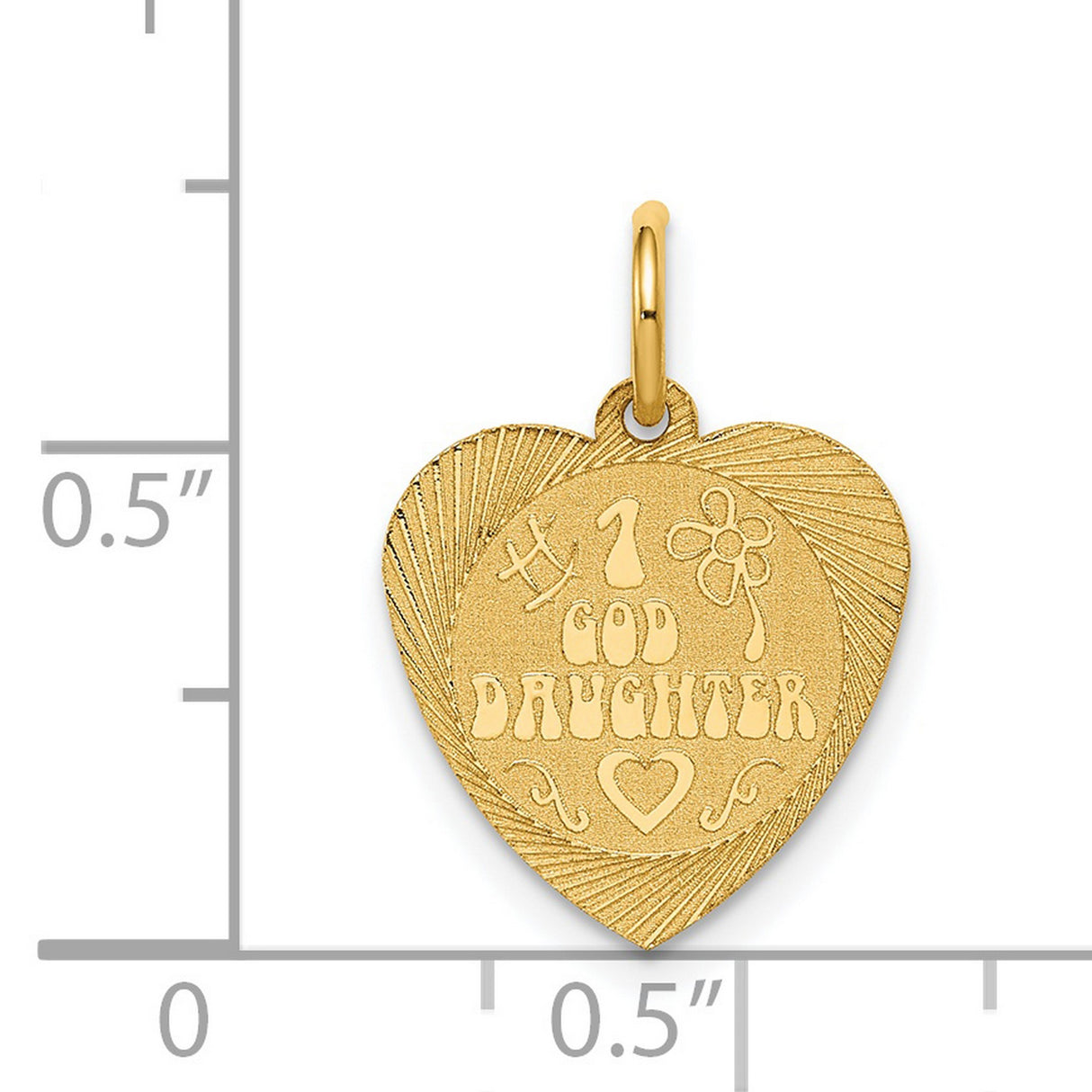 #1 God Daughter Words And Flowers On Disc Heart Charm Pendant in Real 14k Yellow Gold