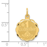 #1 Godmother Words And Heart Round Charm Pendant in Real 14k Yellow Gold