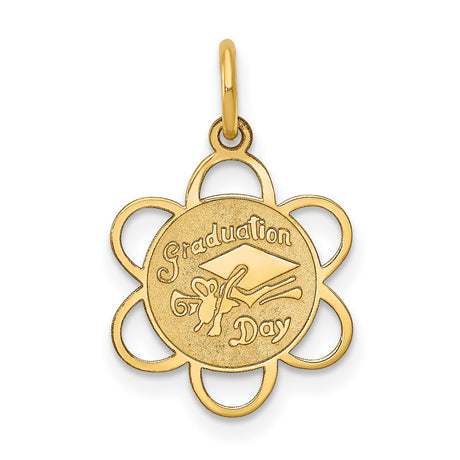 Graduation Day Cap with Flower Border Charm Pendant in Real 14k Yellow Gold