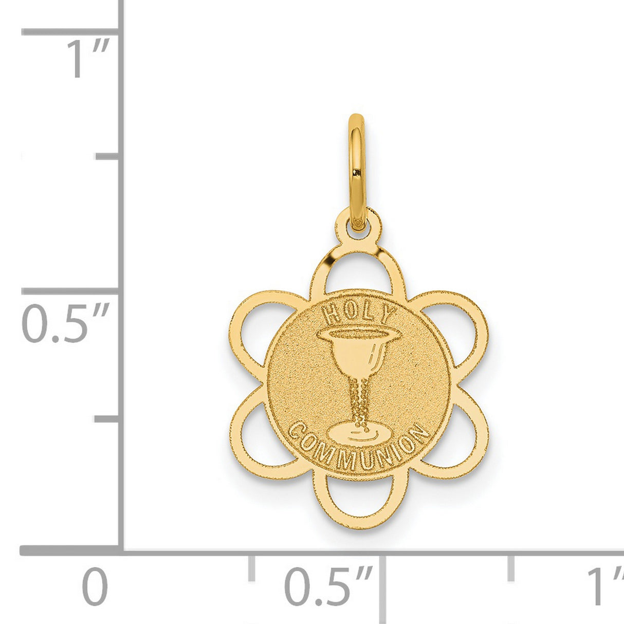 Holy Communion Words and Chalice Cup Flower Shaped Medal Charm Pendant in Real 14k Yellow Gold