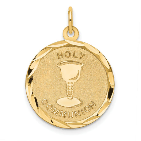 Holy Communion Words and Chalice Cup Round Medal Charm Pendant in Real 14k Yellow Gold