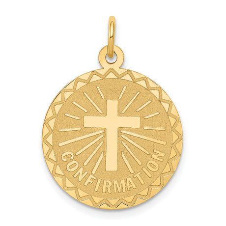 Confirmation Word and Shining Latin Cross Medal Charm Pendant in Real 14k Yellow Gold