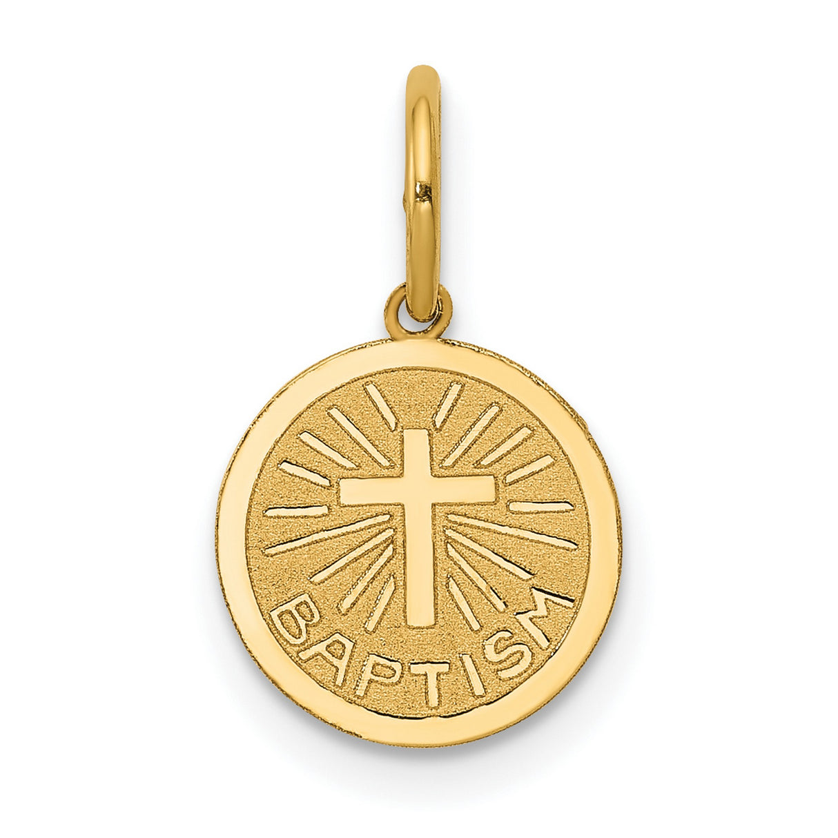 Latin Cross with Baptism Word Round Medal Charm Pendant in Real 14k Yellow Gold