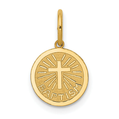 Latin Cross with Baptism Word Round Medal Charm Pendant in Real 14k Yellow Gold