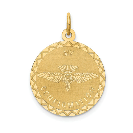 My Confirmation Words and Flying Dove Holy Spirit Round Medal Charm Pendant in Real 14k Yellow Gold