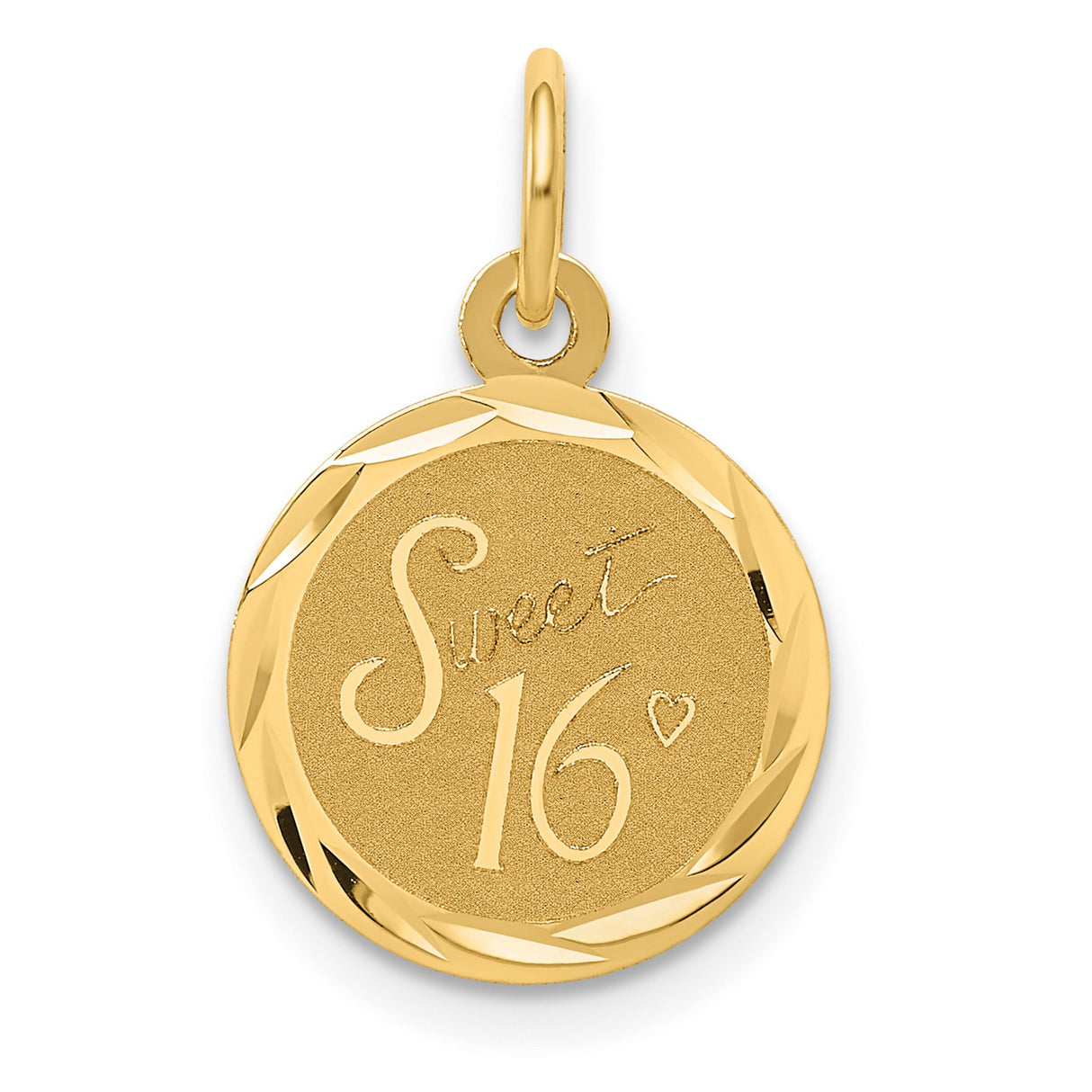 14k Yellow Gold Sweet 16 Pendant with Heart, Round Disc Charm for Teen Girls