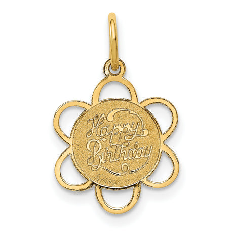 Happy Birthday Words on Flower Shaped Charm Pendant in Real 14k Yellow Gold