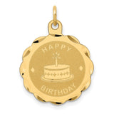 Happy Birthday Words and Cake on Round Penny Size Charm Pendant in Real 14k Yellow Gold