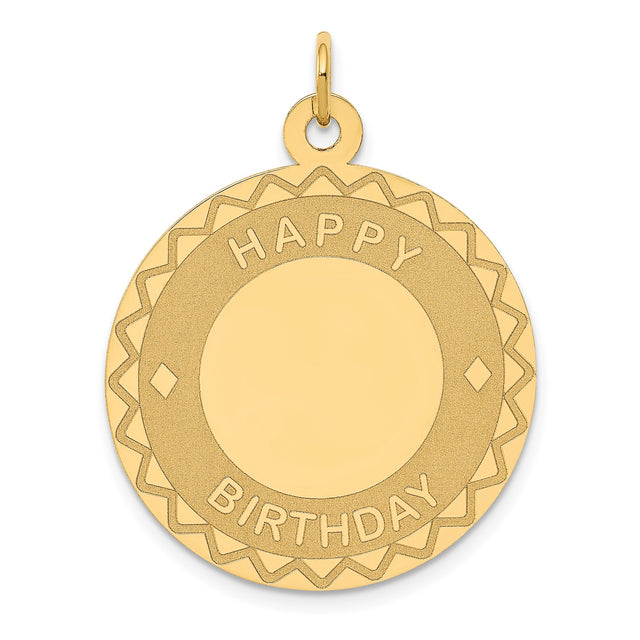 14k Yellow Gold Round Pendant with Happy Birthday Design and Decorative Border