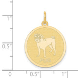 14k Yellow Gold Pug Pendant, Outline and Word PUG Disc Charm, Dog Jewelry for Pet Lovers