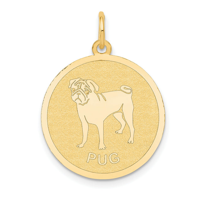 14k Yellow Gold Pug Pendant, Outline and Word PUG Disc Charm, Dog Jewelry for Pet Lovers