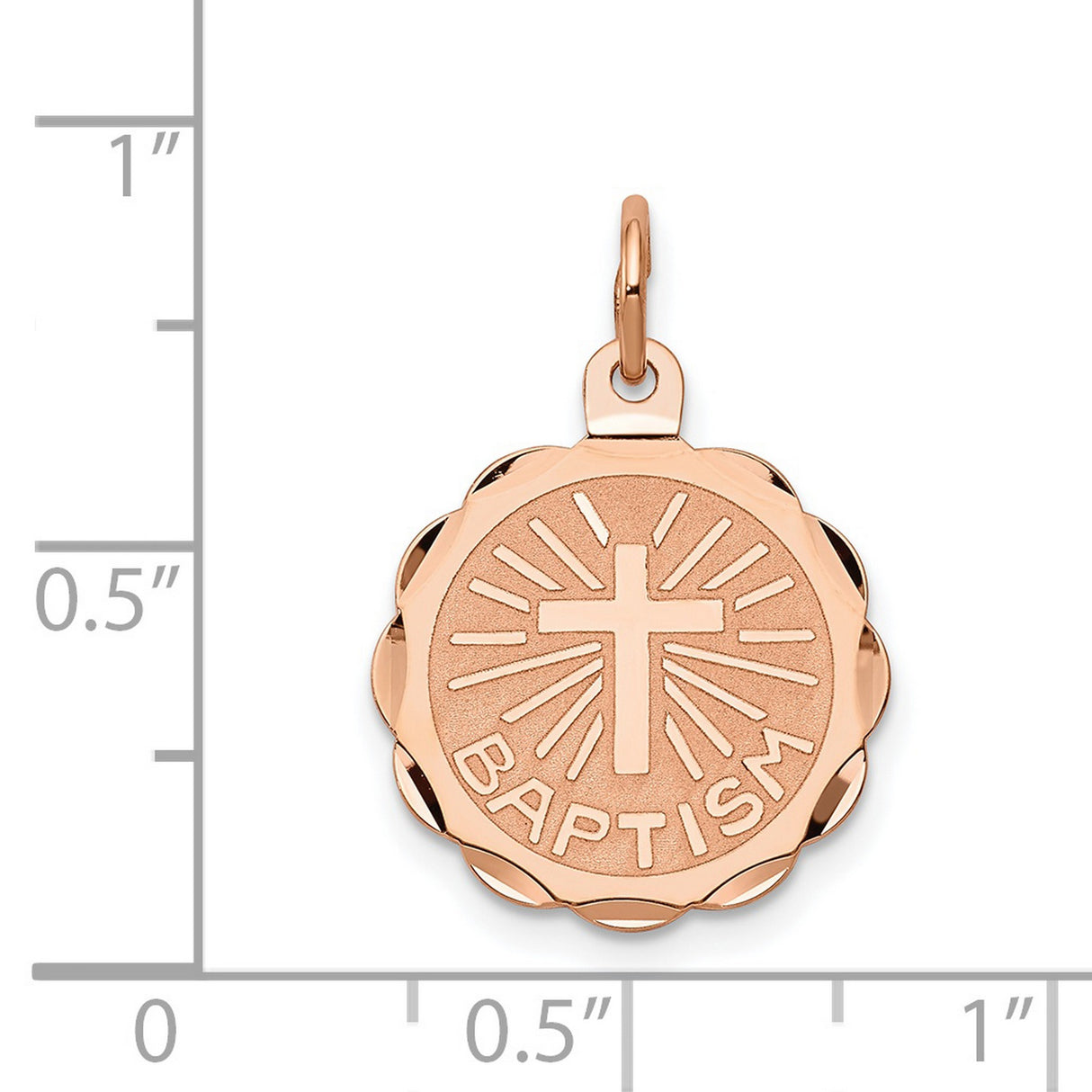 Latin Cross with Baptism Word Round Medal Charm Pendant in Real 14k Rose Gold