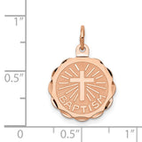 Latin Cross with Baptism Word Round Medal Charm Pendant in Real 14k Rose Gold