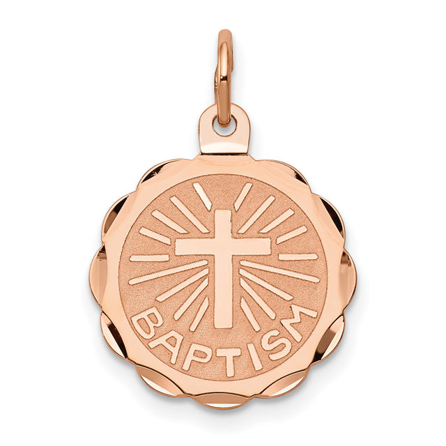 Latin Cross with Baptism Word Round Medal Charm Pendant in Real 14k Rose Gold