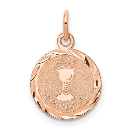 14k Rose Gold Holy Communion Medal Pendant with Chalice Engraving, Catholic Religious Charm