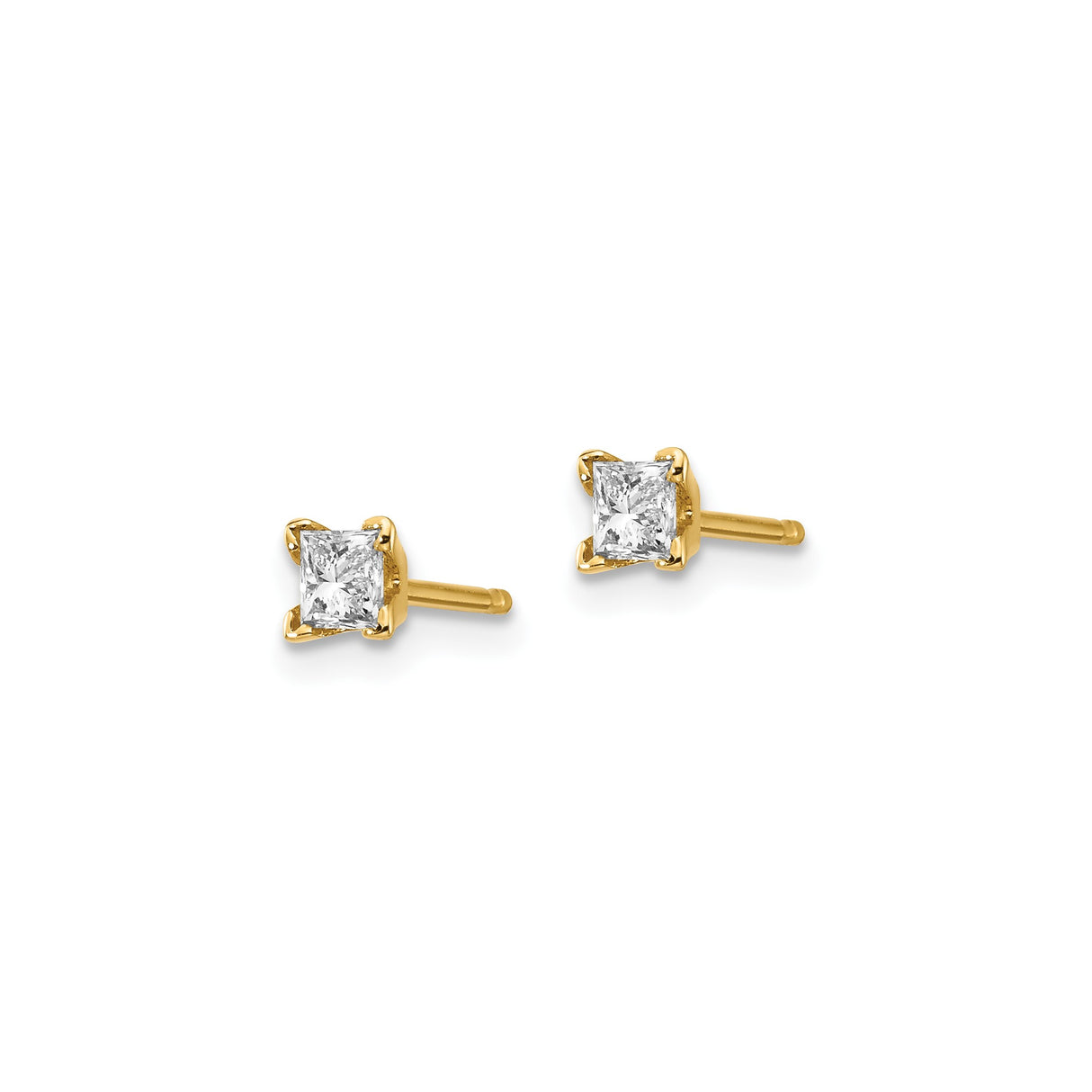 14k Yellow Gold Stud Earrings with Princess Cut Diamond, Classic Lightweight Design for Women