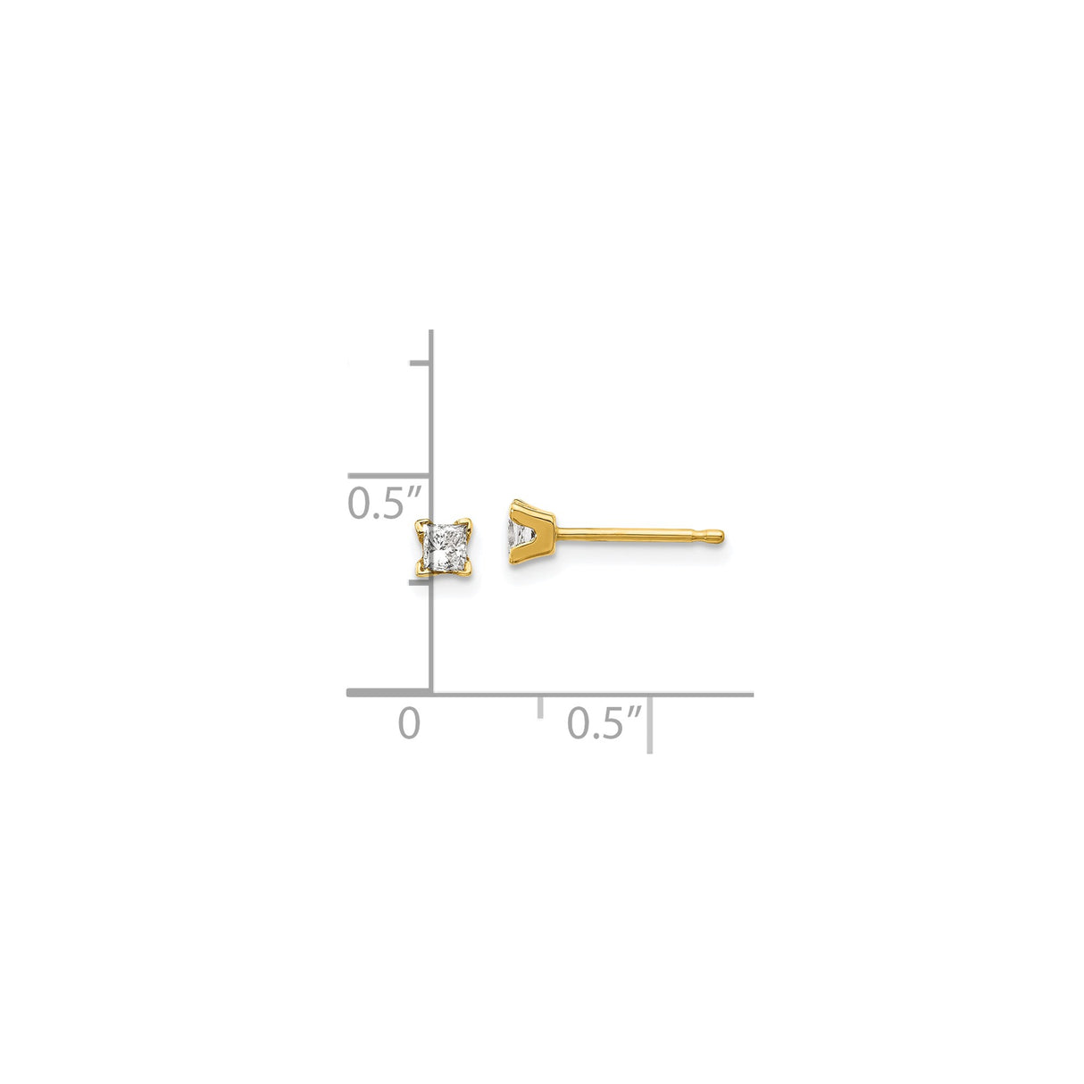 14k Yellow Gold Stud Earrings with Princess Cut Diamond, Classic Lightweight Design for Women