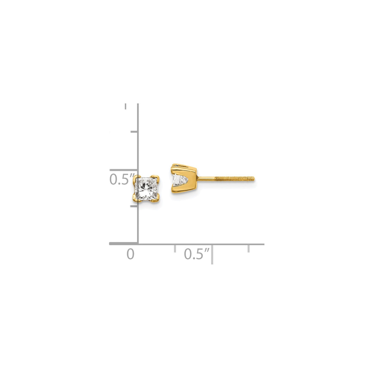 14k Yellow Gold Stud Earrings with Diamond, Princess Cut, Four Prong Solitaire Design