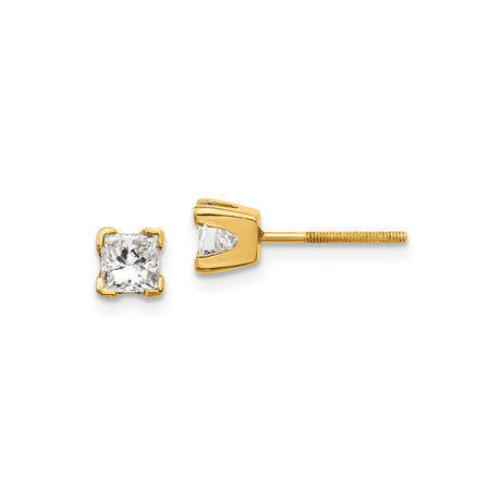 14k Yellow Gold Princess Cut Diamond Stud Earrings, Four Prong Screw Back Studs