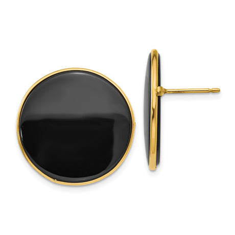 14k Yellow Gold Stud Earrings with Round Black Onyx Inlay, Minimalist Modern Design