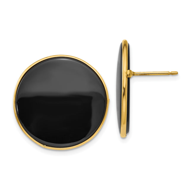 14k Yellow Gold Stud Earrings with Round Black Onyx Inlay, Minimalist Modern Design