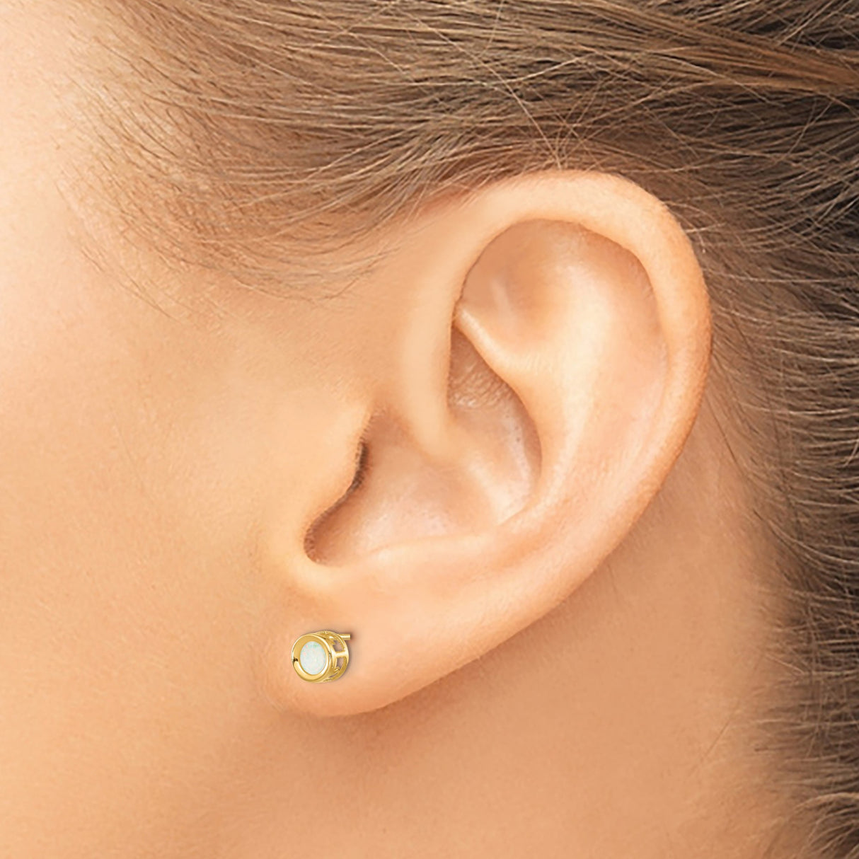 14k Yellow Gold Stud Earrings with Round White Opal in Bezel Setting, Minimalist Design