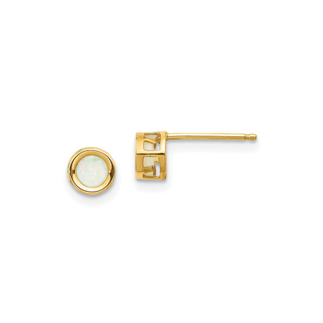 14k Yellow Gold Stud Earrings with Round White Opal in Bezel Setting, Minimalist Design