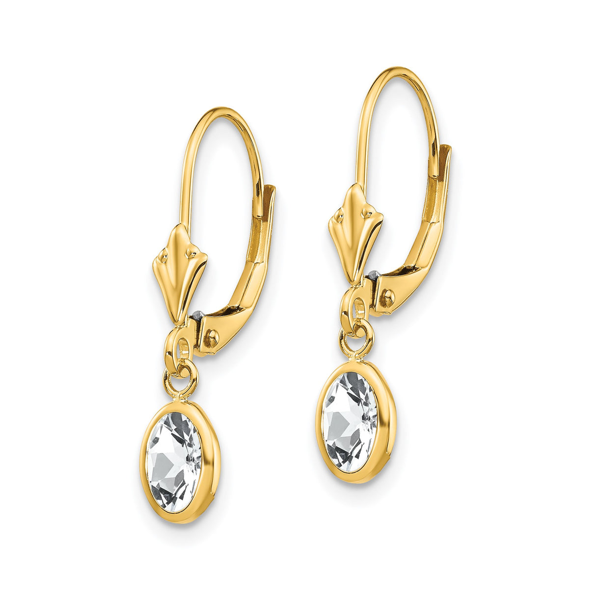 14k Yellow Gold Dangle Leverback Earrings with Oval White Topaz in Bezel Setting