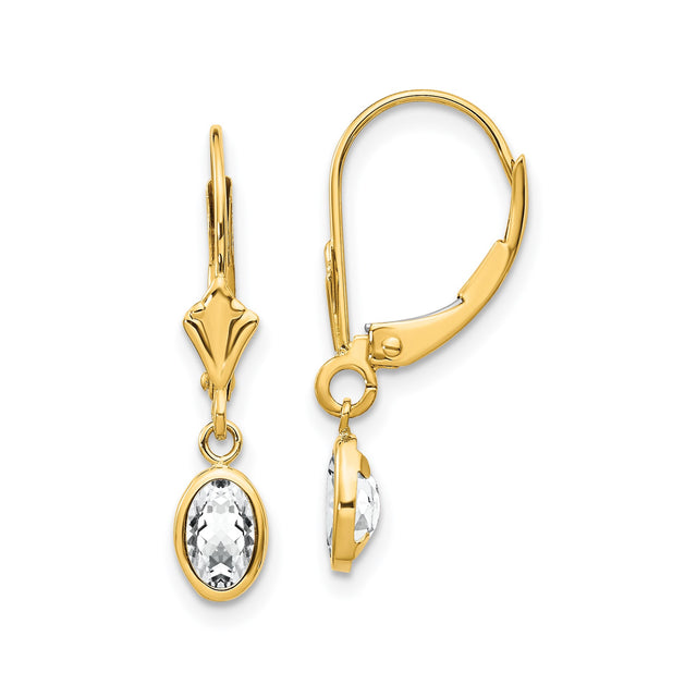 14k Yellow Gold Dangle Leverback Earrings with Oval White Topaz in Bezel Setting