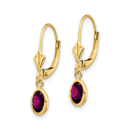 14k Yellow Gold Dangle Earrings with Rhodolite Garnet, Bezel Set Leverback Drops