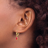 14k Yellow Gold Drop Earrings with Ruby Gemstones in Bezel Setting, Leverback Dangle Style