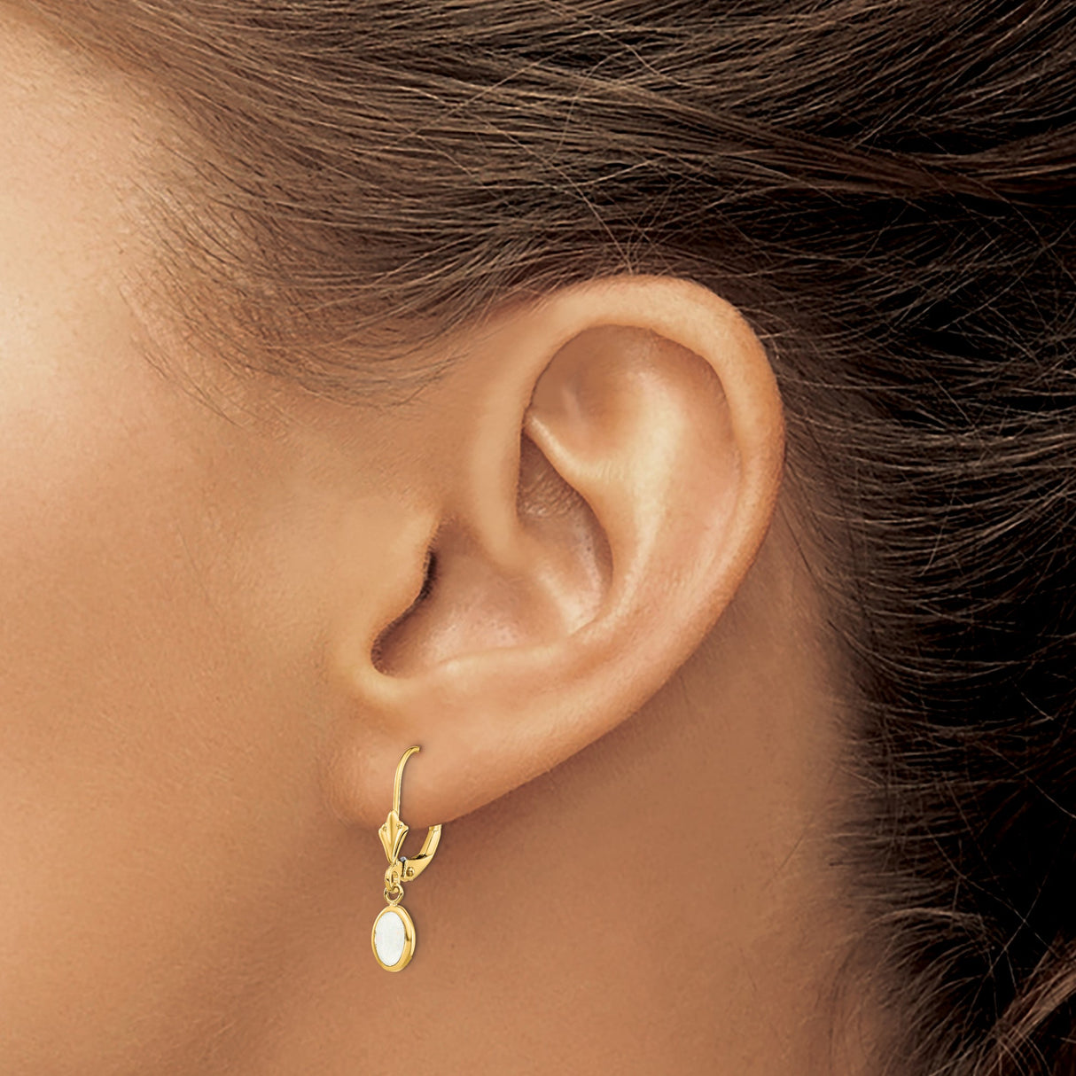 14k Yellow Gold Drop Earrings with Oval White Opal in Bezel Setting, Leverback Design for Women