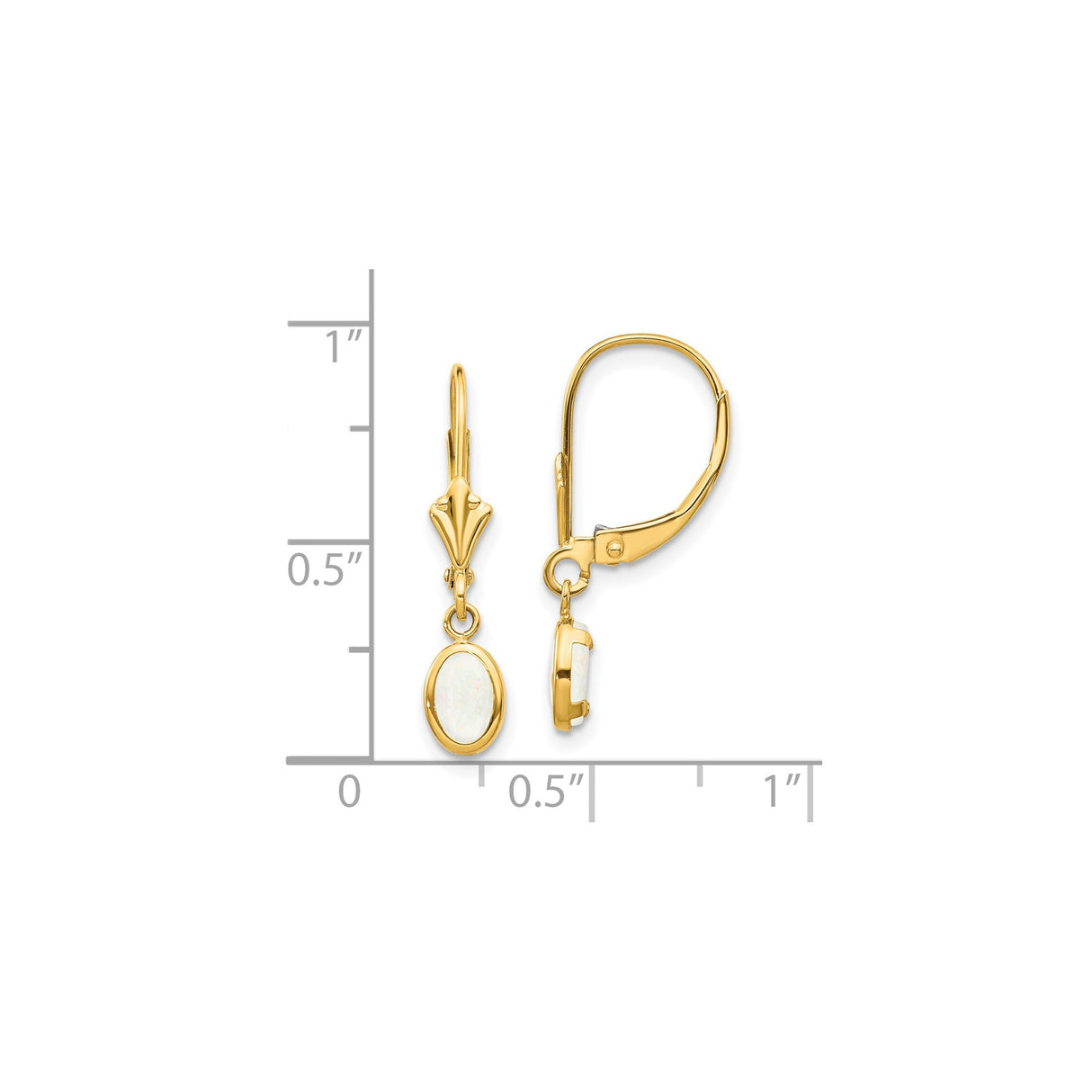 14k Yellow Gold Drop Earrings with Oval White Opal in Bezel Setting, Leverback Design for Women