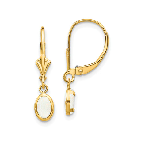 14k Yellow Gold Drop Earrings with Oval White Opal in Bezel Setting, Leverback Design for Women