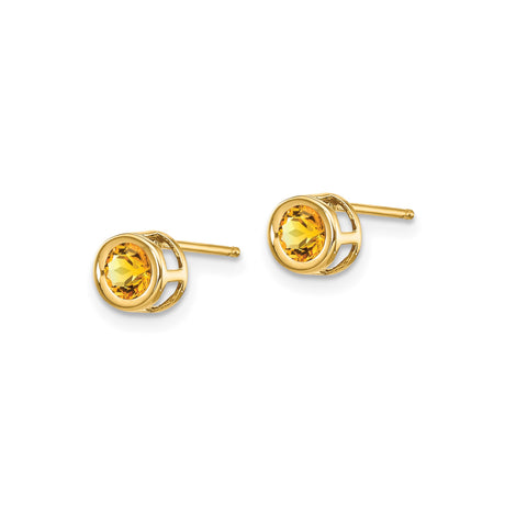 14k Yellow Gold Citrine Stud Earrings, Round Open Bezel, Minimalist Design for Women
